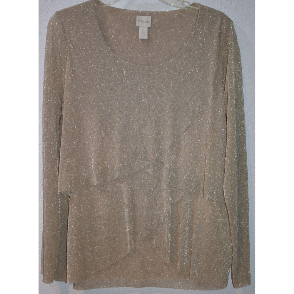 Chicos 2/Large Top Metallic Gold Shimmer Tiered Asymmetrical Long Sleeve Blouse